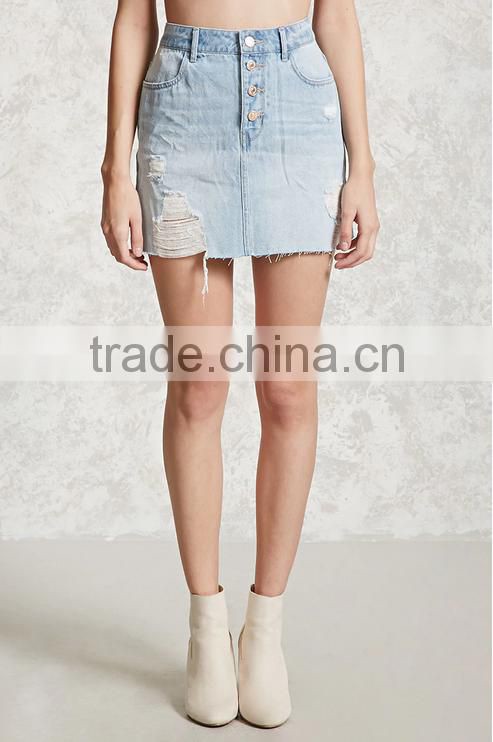 Ladies Fashion Button Front High Waist Light Blue Denim/Jeans Short Skirt