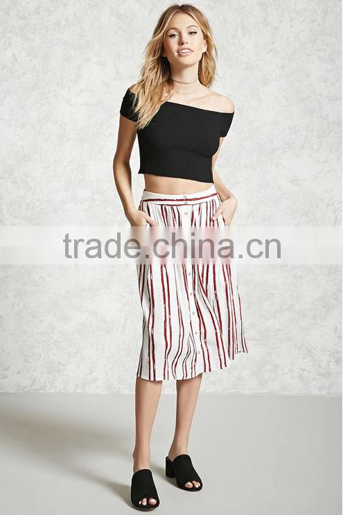 Woman Striped Button Down Shirt Style Rayon Woven Rayon Midi Length Skirt