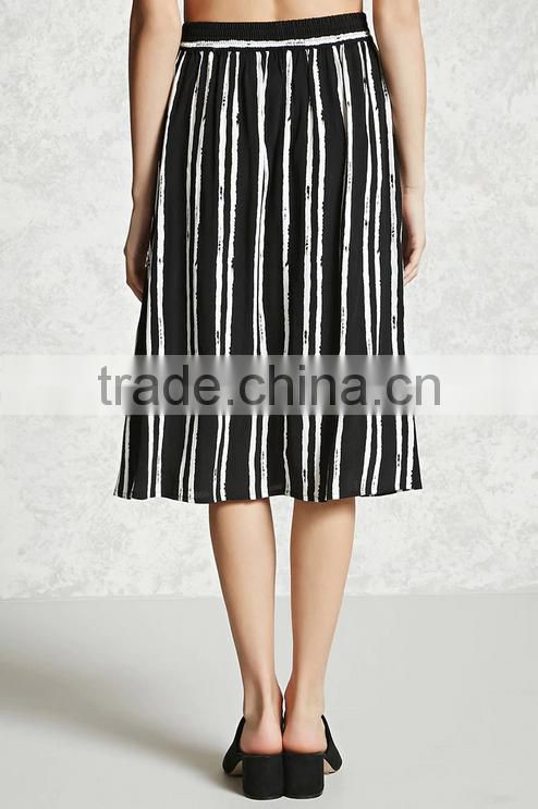 Woman Striped Button Down Shirt Style Rayon Woven Rayon Midi Length Skirt
