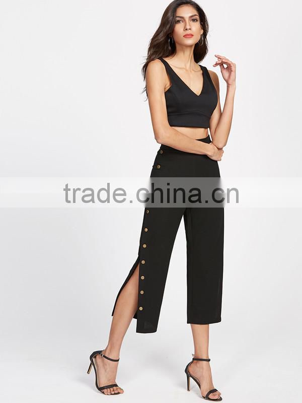 Woman's Black Metal Button Side Chiffon Pants