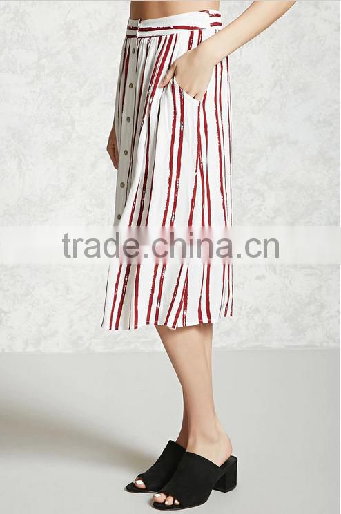 Woman Striped Button Down Shirt Style Rayon Woven Rayon Midi Length Skirt