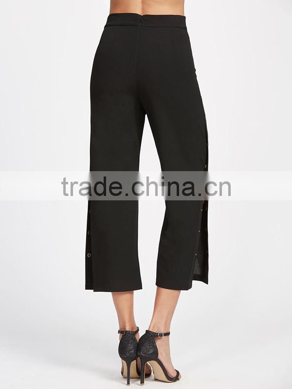 Woman's Black Metal Button Side Chiffon Pants