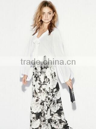 Long Chiffon White and Black Floral Print Flowy Elegant Maxi Skirt