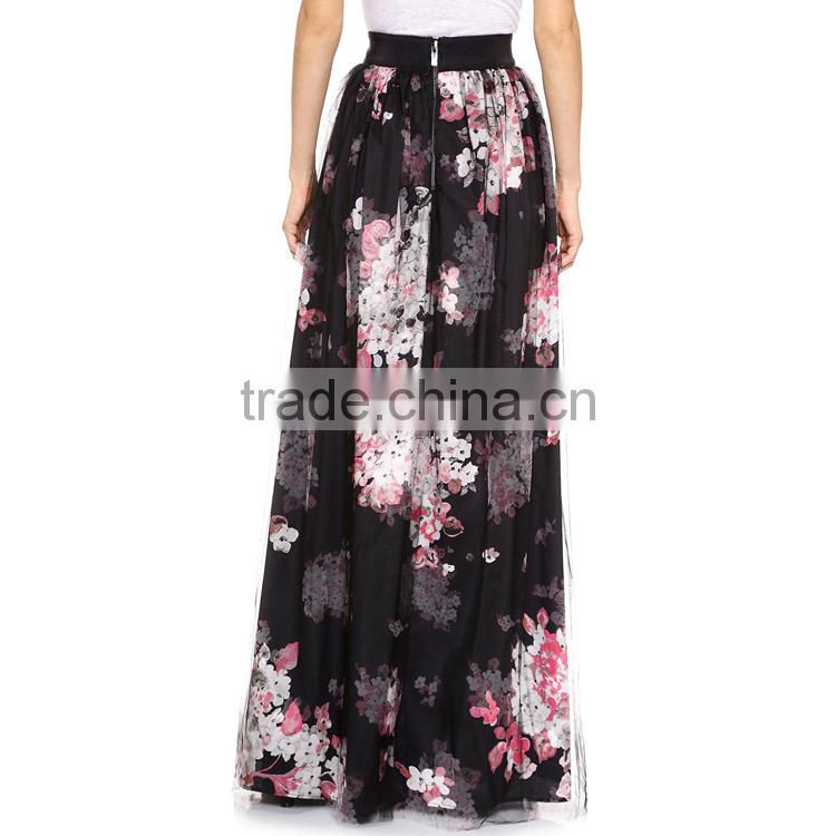 Women Fashion High Elastic Waist Chiffon Floral Print Long Flowy Elegant Maxi Skirt