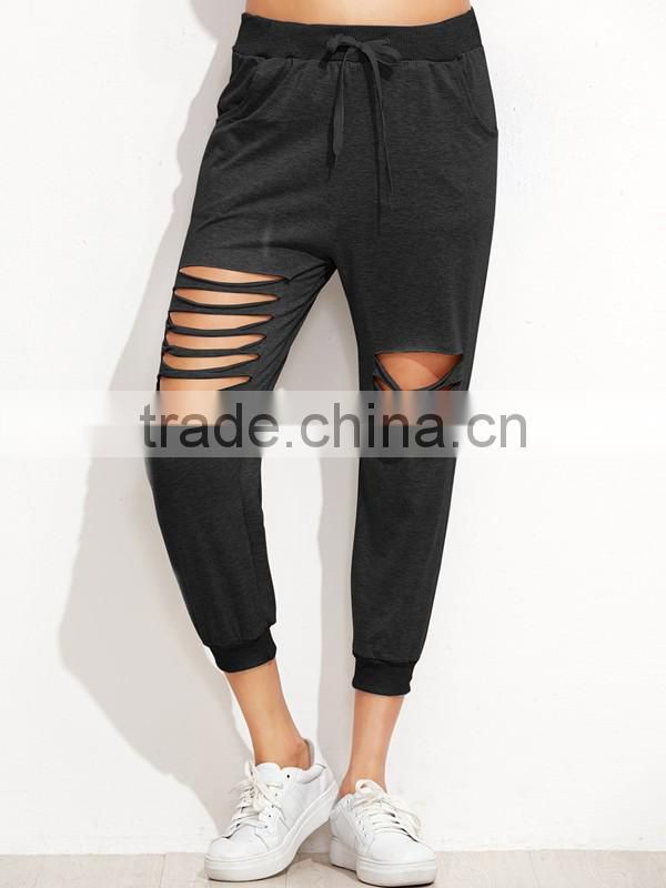 Woman's/Ladies' Black Cotton Cut Out Drawstring Pants