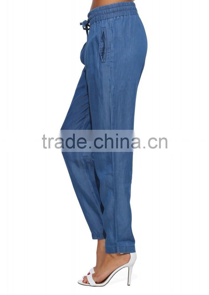 Ladies new fashion tie waist blue color denim jogger stylish jeans pants