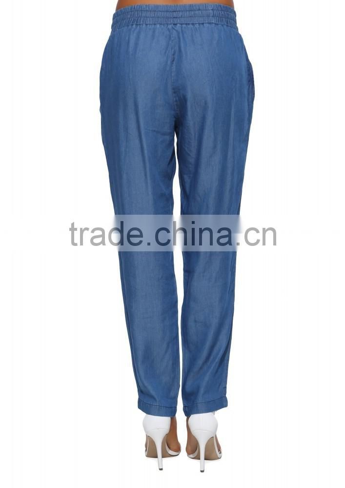 Ladies new fashion tie waist blue color denim jogger stylish jeans pants
