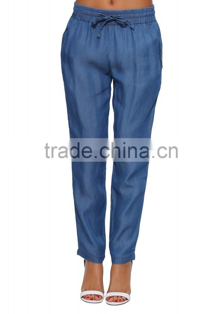 Ladies new fashion tie waist blue color denim jogger stylish jeans pants