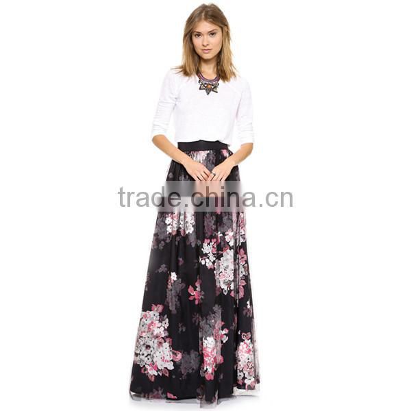 Women Fashion High Elastic Waist Chiffon Floral Print Long Flowy Elegant Maxi Skirt