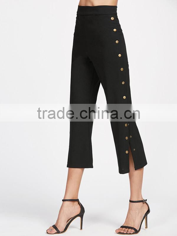 Woman's Black Metal Button Side Chiffon Pants
