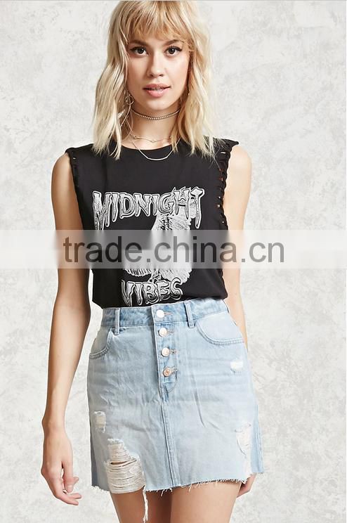 Ladies Fashion Button Front High Waist Light Blue Denim/Jeans Short Skirt