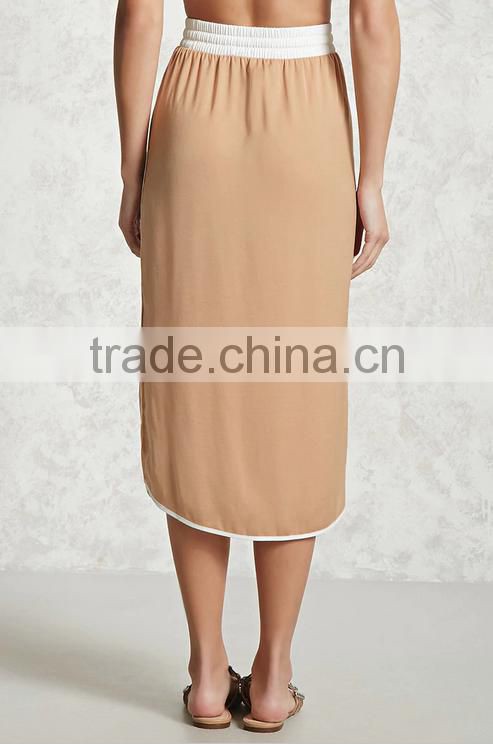 Woman Elastic Tie Waist Midi Length Casual Satin Straigt Skirt