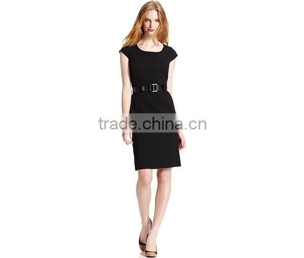 2015 the newest ladies pocket and belt shirt dress with 3/4sleeve black and plus size free sample