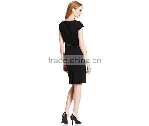 2015 the newest ladies pocket and belt shirt dress with 3/4sleeve black and plus size free sample