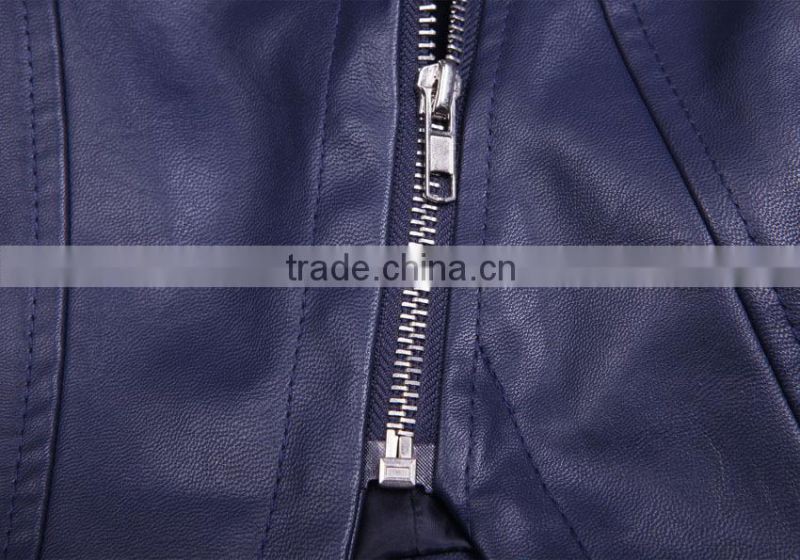 2015 New arrival ladies leather biker jacket with long sleeve none collar navy teal colour US XS-XL slim fit dancing clothing