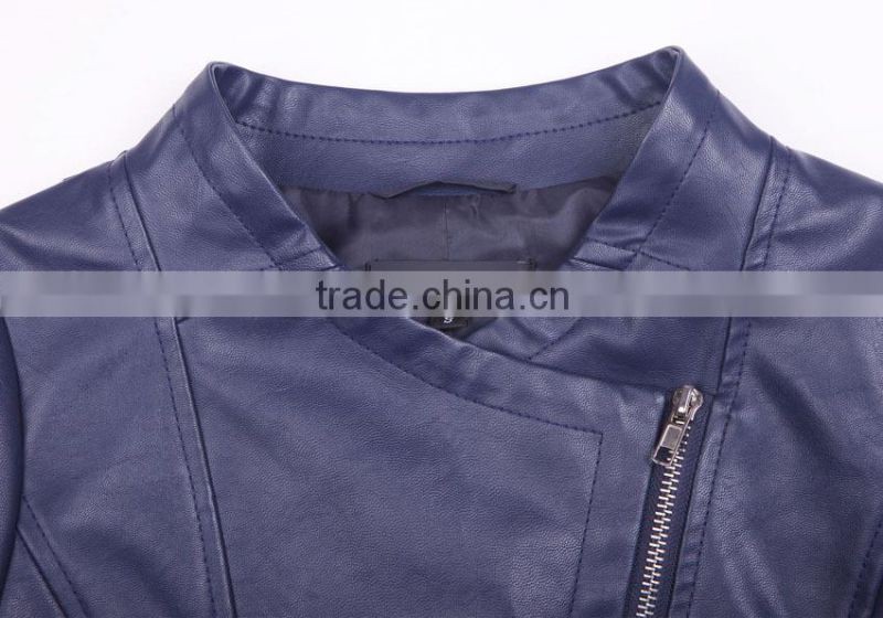 2015 New arrival ladies leather biker jacket with long sleeve none collar navy teal colour US XS-XL slim fit dancing clothing