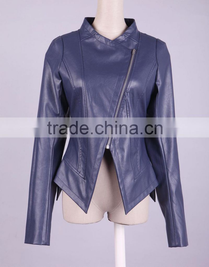 2015 New arrival ladies leather biker jacket with long sleeve none collar navy teal colour US XS-XL slim fit dancing clothing