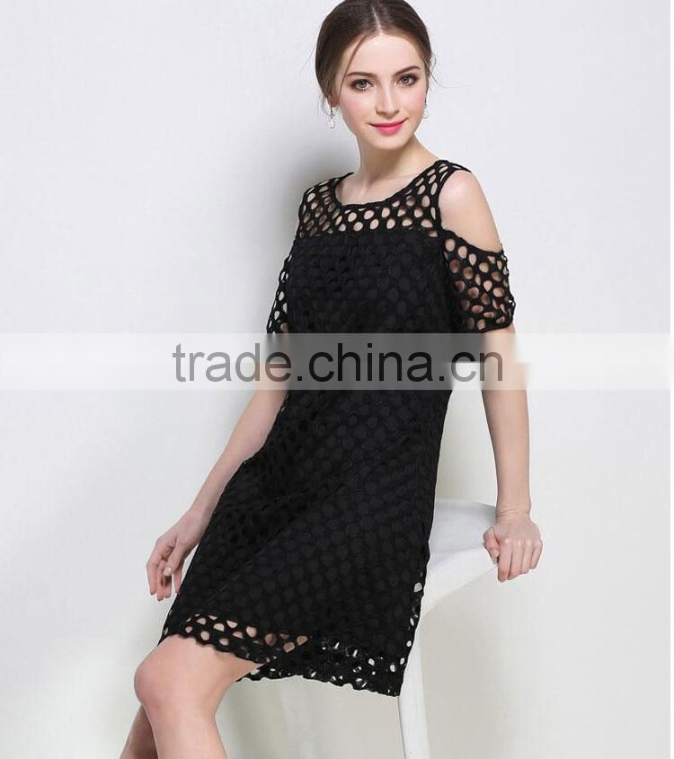 Fashion mini short sleeve elegant women black lining cold shoulder mesh dress