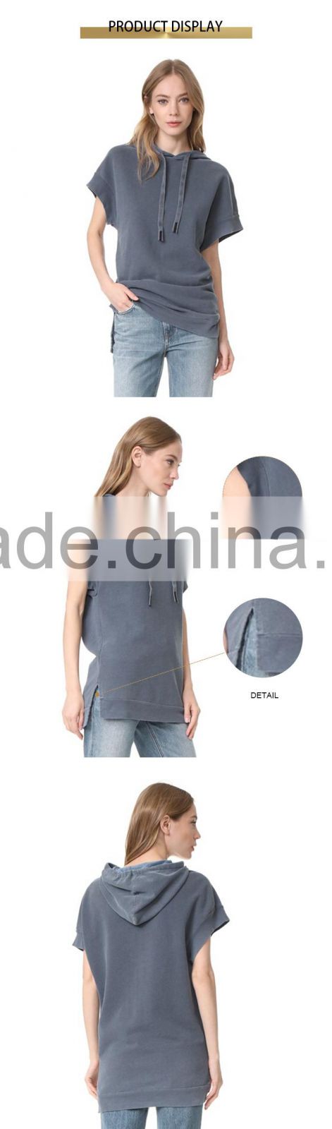 high quality pullover custom plain grey short cap sleeve women hoodies