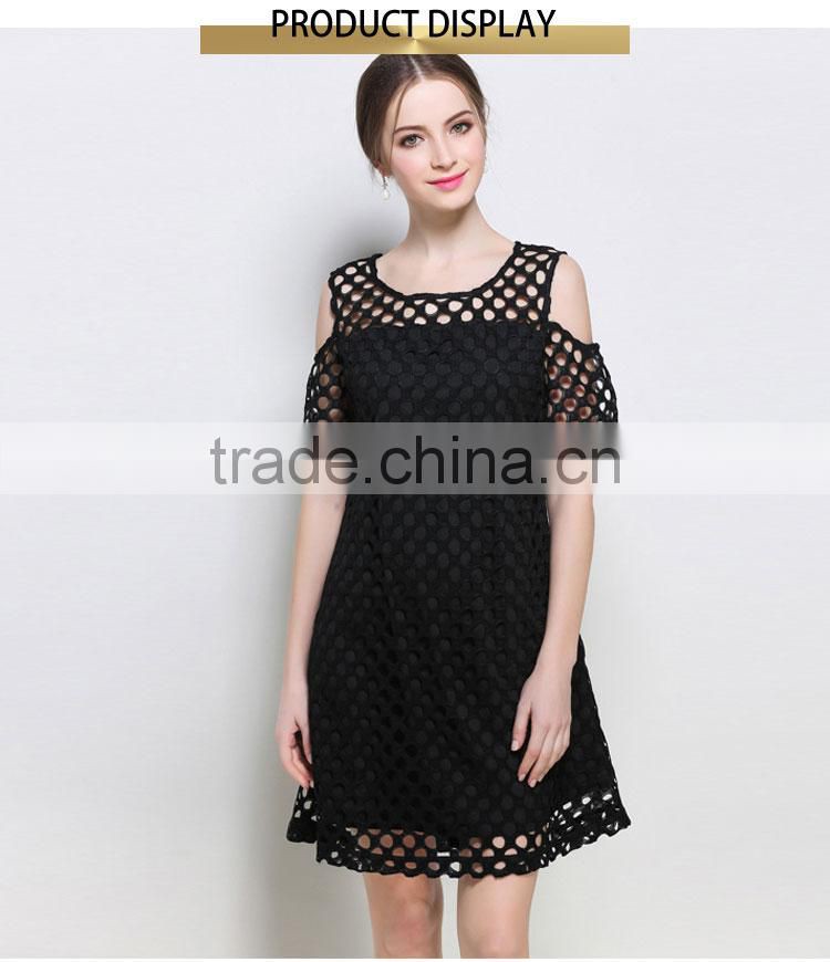 Fashion mini short sleeve elegant women black lining cold shoulder mesh dress