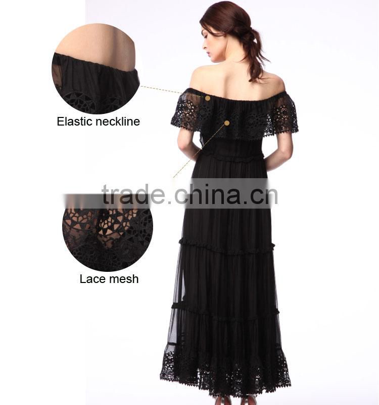 Wholesale female Off shoulder sleeveless black chiffon lace long women dress stylish women ruffle pleat evening dress