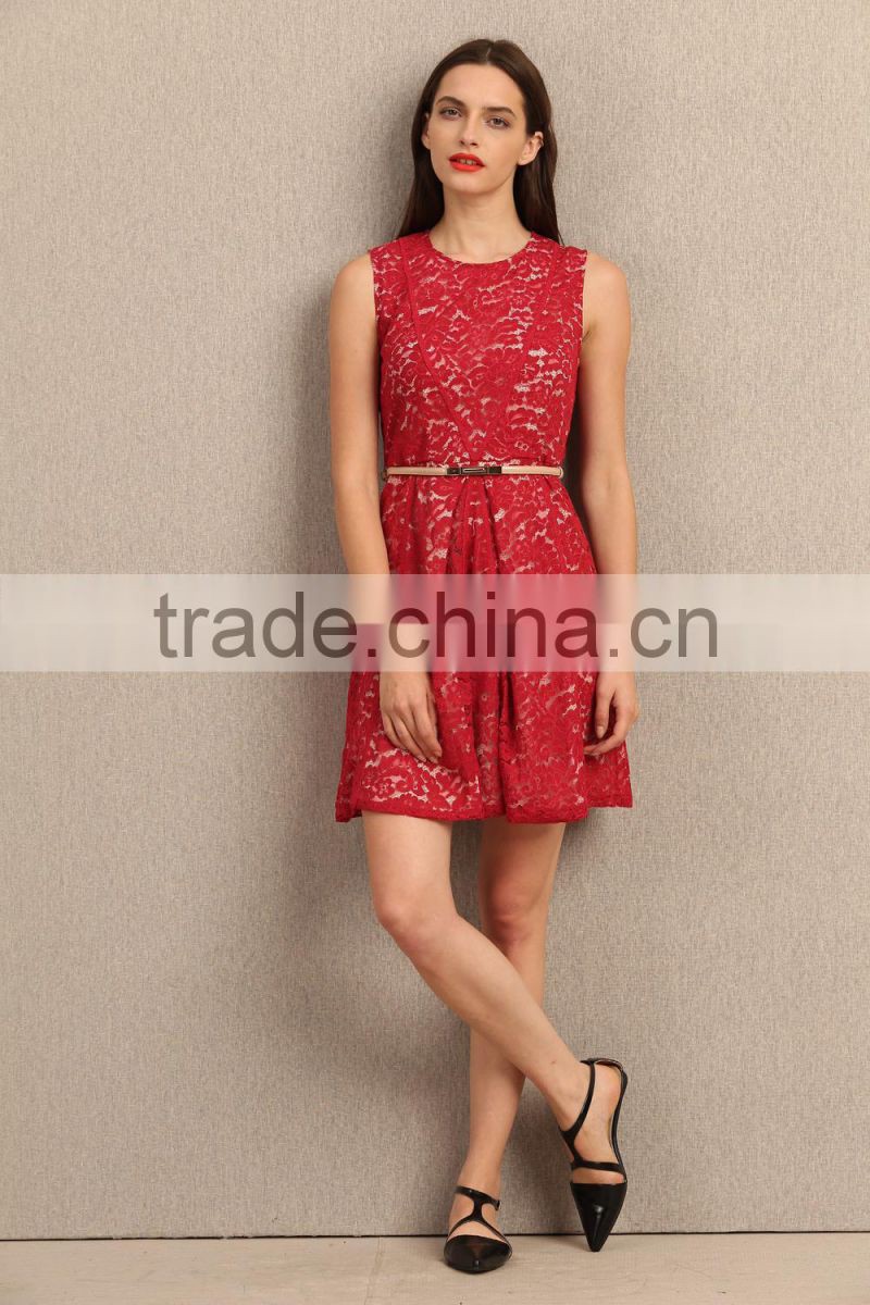 CHINESE RED LACE SLEEVELESS DRESS
