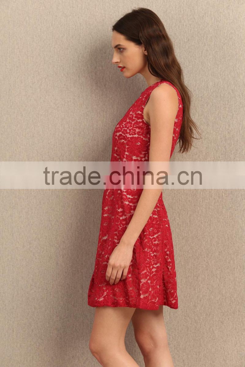 CHINESE RED LACE SLEEVELESS DRESS