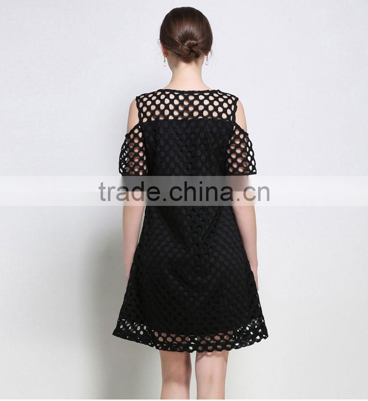 Fashion mini short sleeve elegant women black lining cold shoulder mesh dress