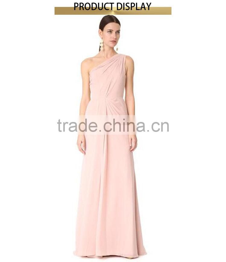 Fashion ladies evening dress one shoulder pink drape gown maxi pleats elegant women party dress