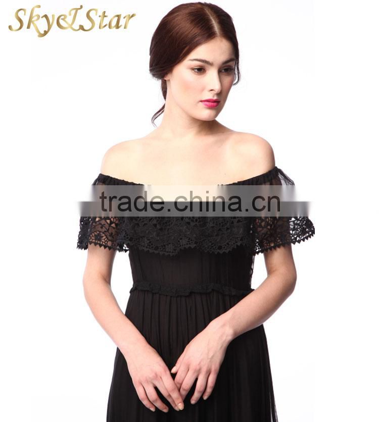 Wholesale female Off shoulder sleeveless black chiffon lace long women dress stylish women ruffle pleat evening dress