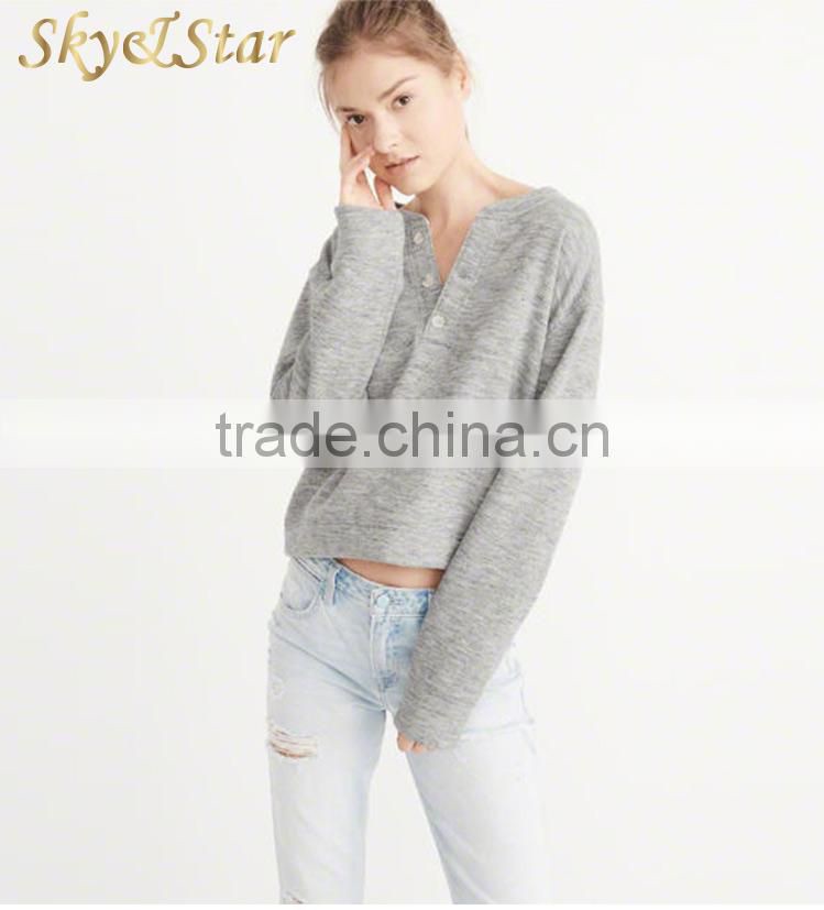 long sleeve pullover plain grey loose women short Knit sweatshirt