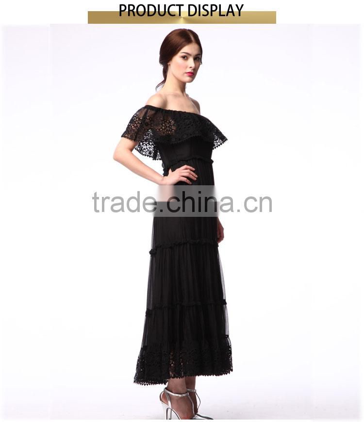 Wholesale female Off shoulder sleeveless black chiffon lace long women dress stylish women ruffle pleat evening dress