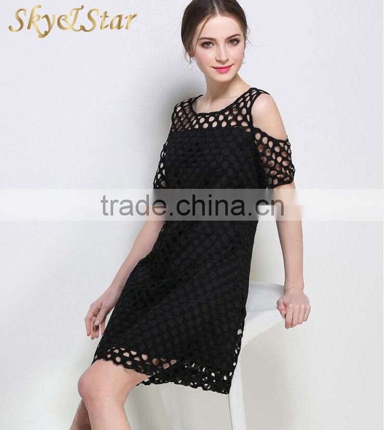 Fashion mini short sleeve elegant women black lining cold shoulder mesh dress