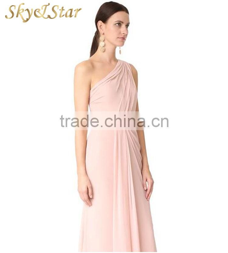 Fashion ladies evening dress one shoulder pink drape gown maxi pleats elegant women party dress