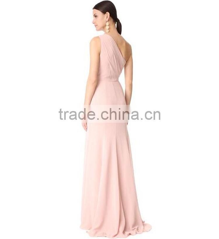 Fashion ladies evening dress one shoulder pink drape gown maxi pleats elegant women party dress