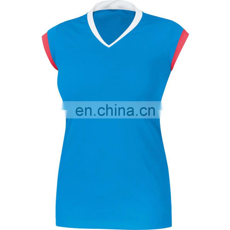 V-neck ladies slim fit polyester spandex tennis sports t-shirts flat color cover stitching wholesale summer