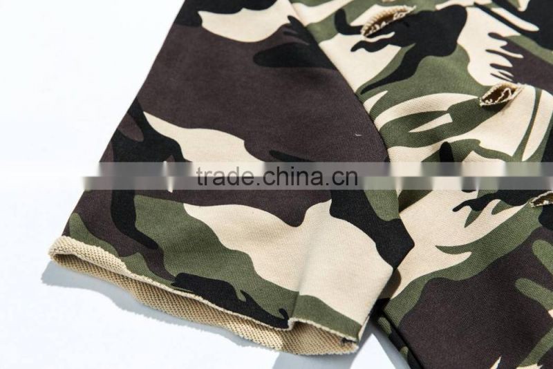 wholesale camo short sleeve hoodie sweatshirt with embroidery design
