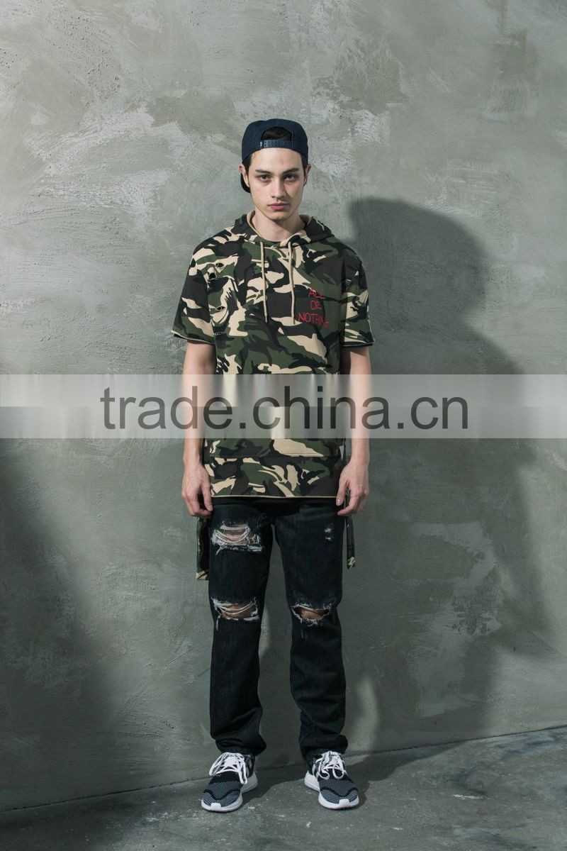 wholesale camo short sleeve hoodie sweatshirt with embroidery design