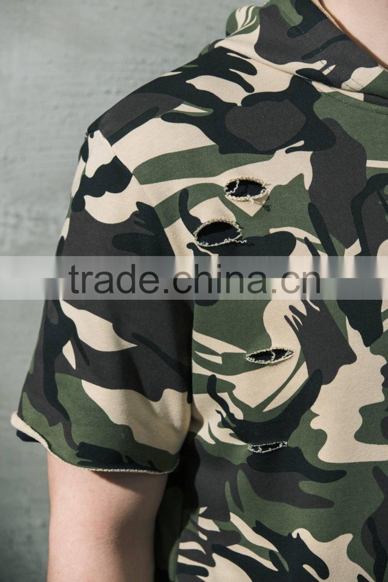 wholesale camo short sleeve hoodie sweatshirt with embroidery design