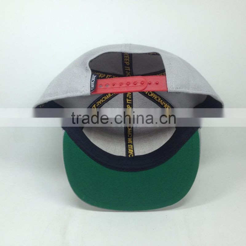 high quality custom 3D embroidery plastic buckle flat brim snapback cap