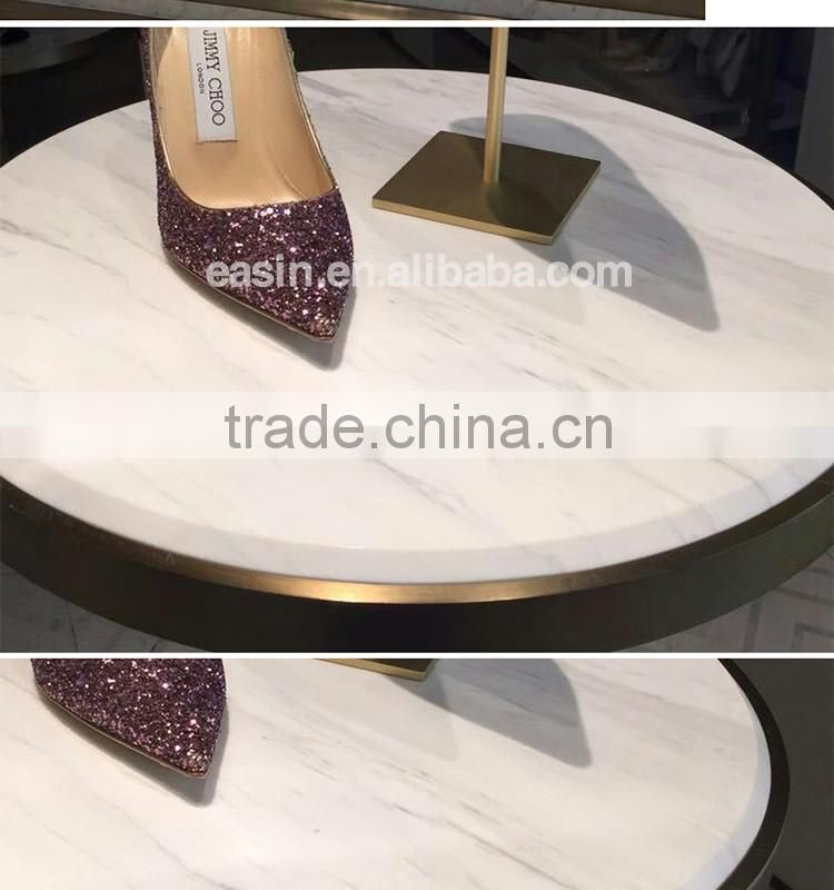 Marble stainless steel PVD yellow gold plated shoes counter /shoe display racks