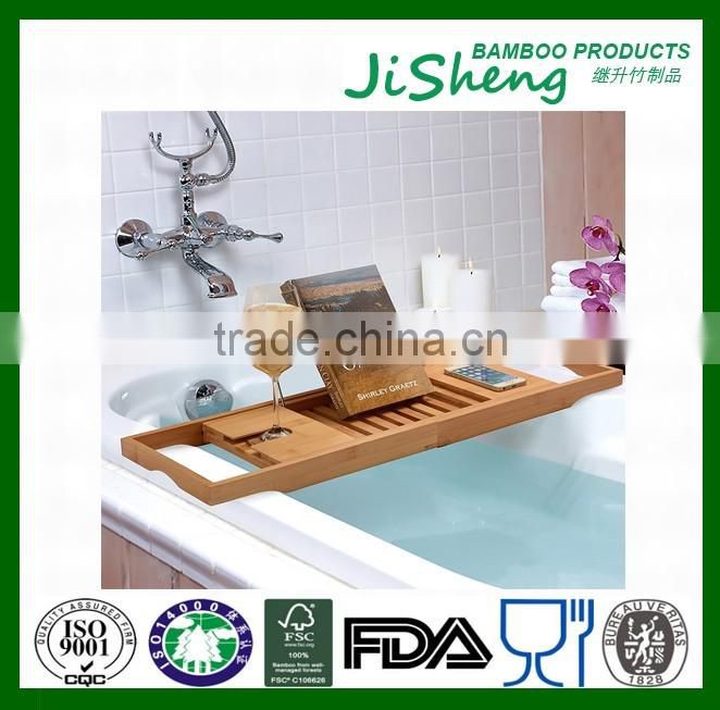 100% Bamboo Bathtub Caddy with Extendable Sides, Cellphone Tray & Integrated Wine glass Holder