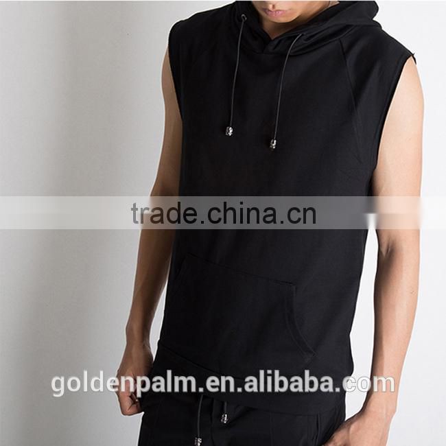 Customized clothing kangaroo pocket plain black sleeveless hoodie