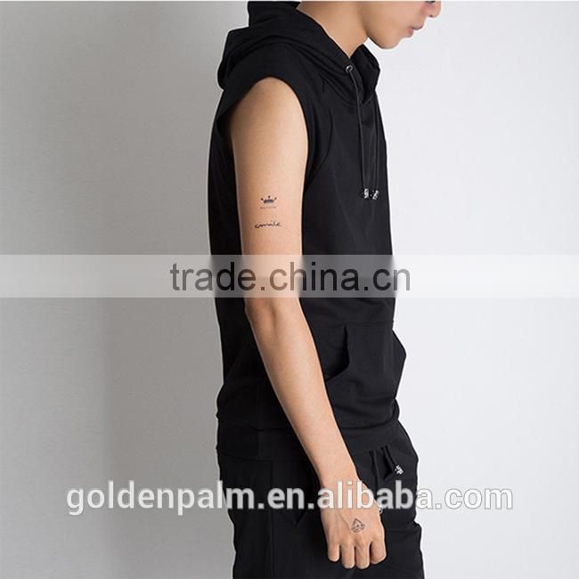 Customized clothing kangaroo pocket plain black sleeveless hoodie