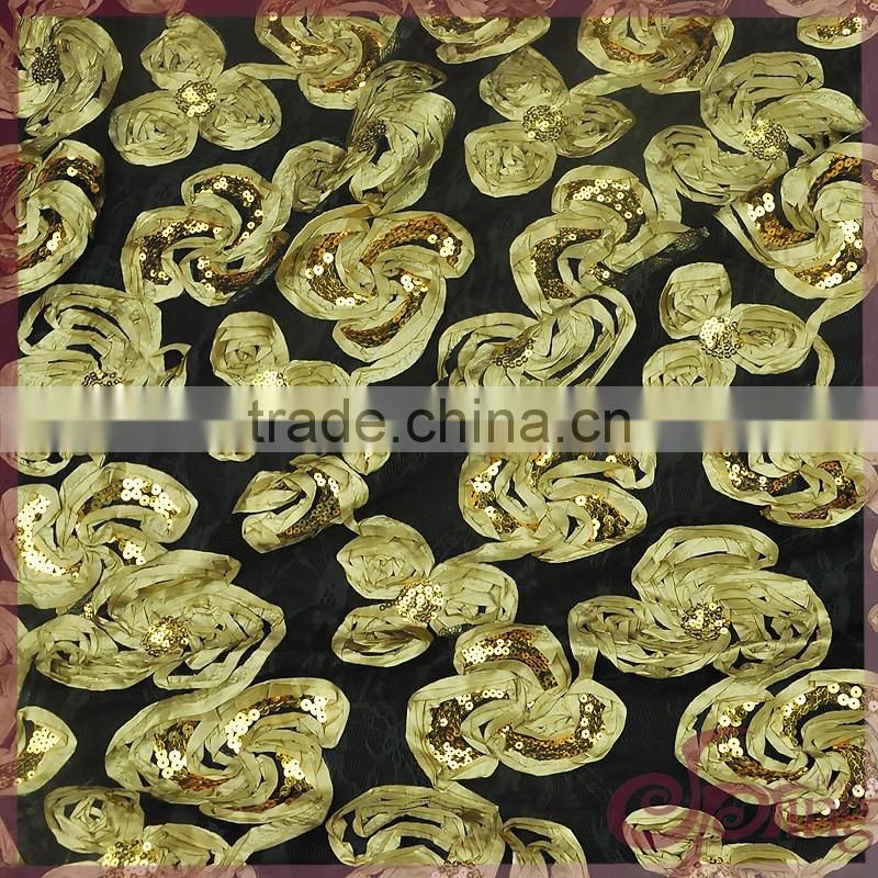 Yellow tricot lace coiling ribbon lace, embroidered wholesale sequin fabric