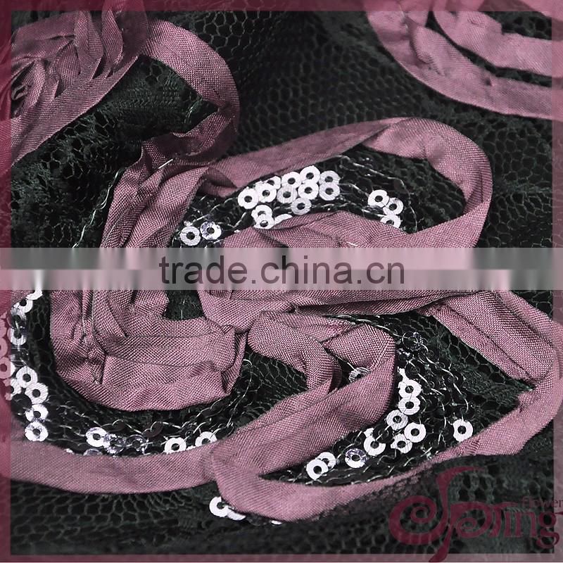 Pink coiling ribbon lace embroidery design fabric, wholesale sequin fabric