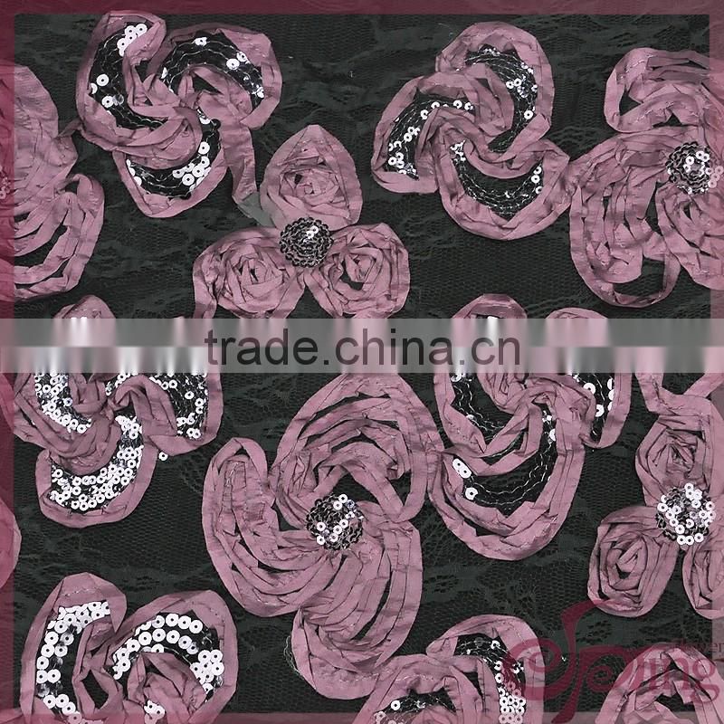 Pink coiling ribbon lace embroidery design fabric, wholesale sequin fabric