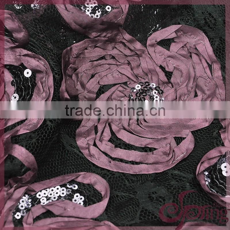 Pink coiling ribbon lace embroidery design fabric, wholesale sequin fabric