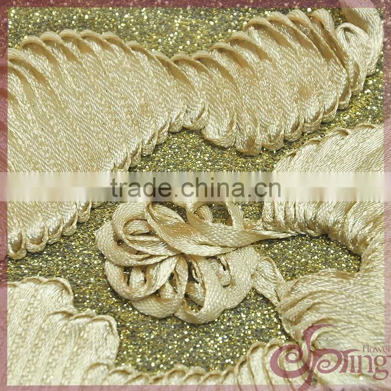 2016 newest glittering fabric with glue as ground fabric with satin coiling embroidery lace fabric