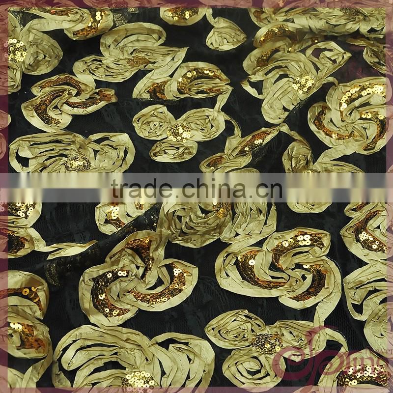 Yellow tricot lace coiling ribbon lace, embroidered wholesale sequin fabric